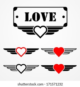 Military Style Love Emblems With Hearts, Wings And Text Box