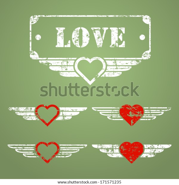 Military style love grunge emblems with hearts, wings\
and text box