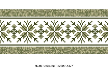 Military style pixel art vector pattern. Fashion print in green colors. Ukrainian traditional embroidery ornament.Military texture, decor, seamless border. Vyshyvanka, cross stitch fashion pattern.