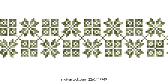 Vektorgrafik-Muster im militärischen Stil. Modedruck in grünen Farben. Ukrainische traditionelle Stickereiverzierung.Militärische Textur, Dekoration, nahtlose Grenze. Vyshyvanka, Schnittmuster der Stich-Mode.