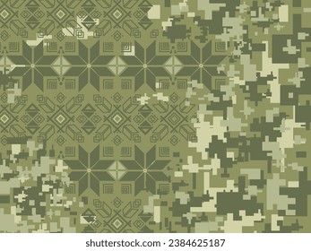 Military style pixel art vector pattern. Ukrainian traditional embroidery ornament. Military design geometric pattern. Vyshyvanka, cross stitch fashion pattern. Ukrainian folk ethnic decor.