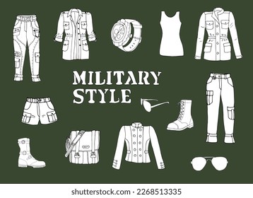 Military style woman clothes doodle set, isolated on green background, with lettering