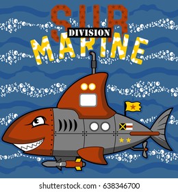 military submarine cartoon in shark features on bubbles water background, vector cartoon illustration