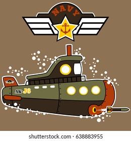 Military submarine firing a torpedo with military logo, vector cartoon illustration