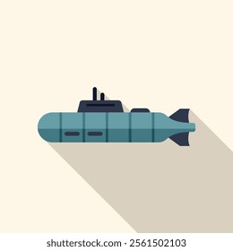 Military submarine sailing underwater, flat design icon with long shadow