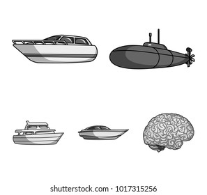 A military submarine, a speedboat, a pleasure boat and a spirit boat.Ships and water transport set collection icons in monochrome style vector symbol stock illustration web.