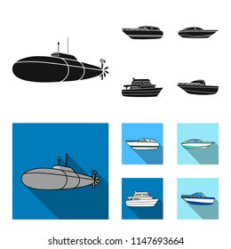 A military submarine, a speedboat, a pleasure boat and a spirit boat.Ships and water transport set collection icons in black, flat style vector symbol stock illustration web.