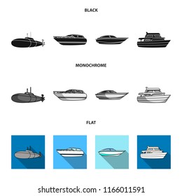 A military submarine, a speedboat, a pleasure boat and a spirit boat.Ships and water transport set collection icons in black, flat, monochrome style vector symbol stock illustration web.