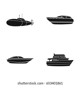 A military submarine, a speedboat, a pleasure boat and a spirit boat.Ships and water transport set collection icons in black style vector symbol stock illustration web.