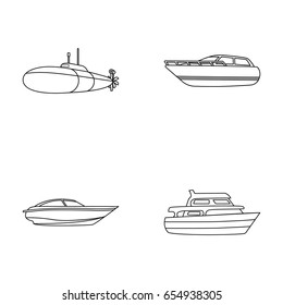 A military submarine, a speedboat, a pleasure boat and a spirit boat.Ships and water transport set collection icons in monocrome style vector symbol stock illustration web.