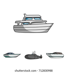 A military submarine, a speedboat, a pleasure boat and a spirit boat.Ships and water transport set collection icons in cartoon style vector symbol stock illustration web.