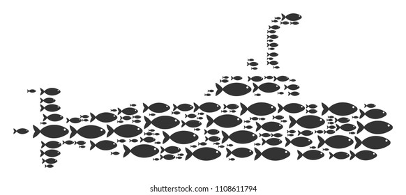 Military submarine vector shape formed of randomized fish objects in heterogeneous sizes. Fish icons are arranged into abstract military submarine representaion.