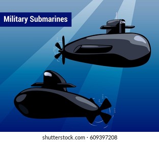 Military Submarines In Water. Black Sub Cartoon Style Vector Illustration. Warship Underwater In Blue Sea. Marine Weapon Drawing. Transport Boat For Undersea War. Nursery Art Submarines For Boy Design