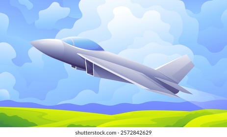 Military supersonic fighter jet side view flying over field scene. Cartoon gray bomber.