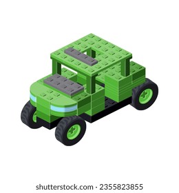 Military SUV in isometry. Toy made of plastic blocks. Vector illustration. Pixel art