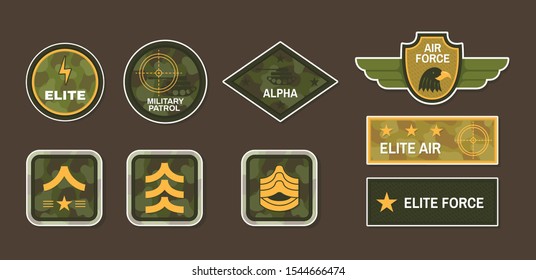 Military symbol and army badge set. Army signs and badges different branches and types of troops army apparel signs naval insignia vector illustration