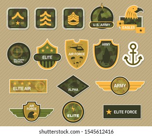 Military symbol and army badge set. Army signs and badges different branches and types of troops army apparel signs naval insignia vector illustration