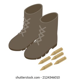 Military symbol icon isometric vector. Gray military boot and five bullet icon. Combat boot, army uniform, gun bullet, weapon