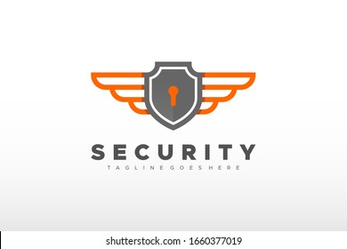 Military Symbol Security Logo. Wings and Shield Icon with Padlock inside. Flat Vector Logo Design Template Element.