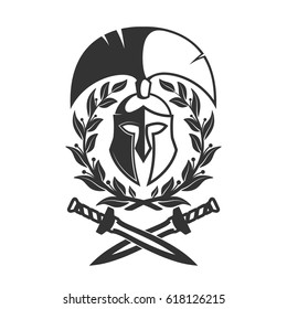 Military symbol, Spartan helmet in laurel wreath.