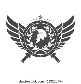 Military symbol a Spartan helmet on a board with among wings.