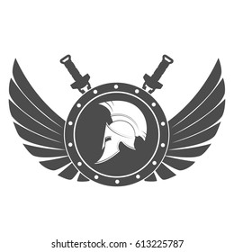 Military symbol a Spartan helmet on a board with among wings.