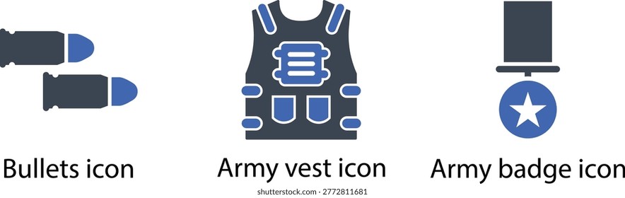 Military symbols vector set with bullets army vest and badge icons in blue