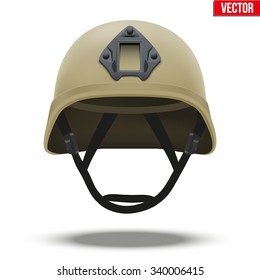 Military tactical helmet of rapid reaction. Desert color. Army and police symbol of defense. Vector illustration Isolated on white background. Editable.