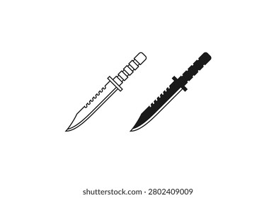 military tactical knife combat dagger icon set with outline and filled style for survival and hunting gear