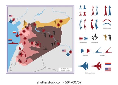 Military Tactical Map With Icons. The Conflict In Syria. Vector Illustration