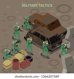 Military tactics isometric composition with armed infantry group going on attack with machine guns vector illustration