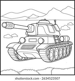 Military tank coloring page with mountains and terrain, perfect for kids' printables, army themes, and vehicle illustrations