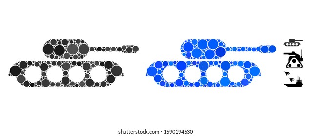 Military tank composition of round dots in variable sizes and color tinges, based on military tank icon. Vector round dots are united into blue collage.