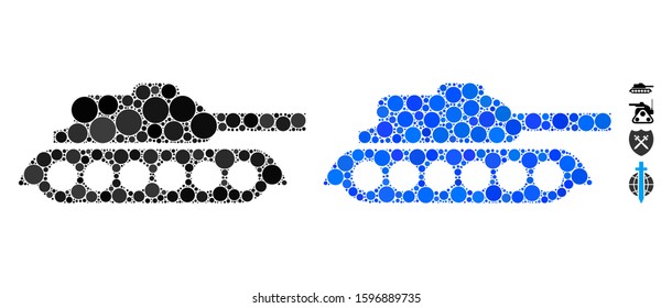 Military tank composition of round dots in different sizes and color tones, based on military tank icon. Vector round elements are grouped into blue composition.