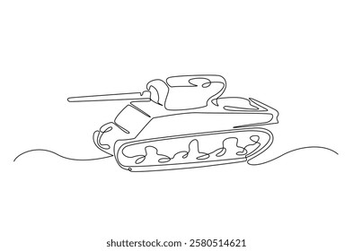 Military tank in continuous one line drawing. Single line art draw of army battle tank. Editable vector.