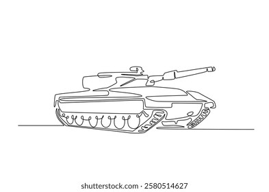 Military tank in continuous one line drawing. Single line art draw of army battle tank. Editable vector.