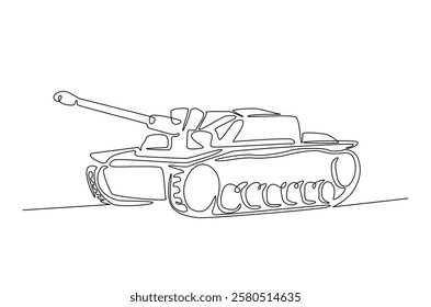 Military tank in continuous one line drawing. Single line art draw of army battle tank. Editable vector.