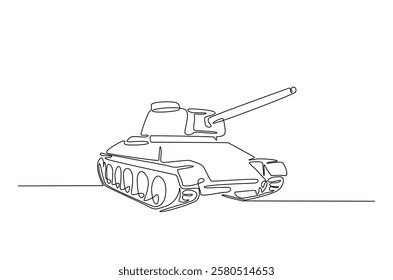 Military tank in continuous one line drawing. Single line art draw of army battle tank. Editable vector.