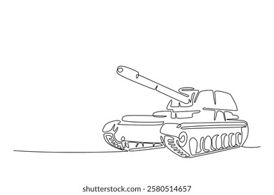 Military tank in continuous one line drawing. Single line art draw of army battle tank. Editable vector.