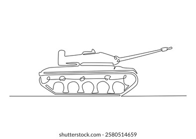 Military tank in continuous one line drawing. Single line art draw of army battle tank. Editable vector.