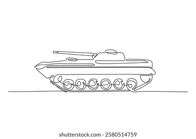 Military tank in continuous one line drawing. Single line art draw of army battle tank. Editable vector.