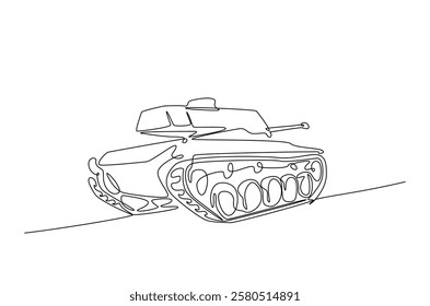 Military tank in continuous one line drawing. Single line art draw of army battle tank. Editable vector.