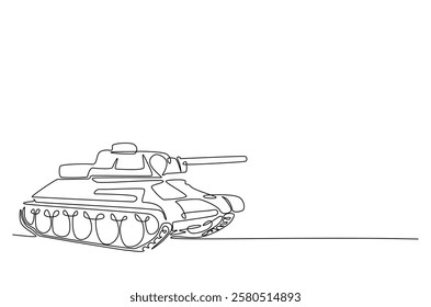 Military tank in continuous one line drawing. Single line art draw of army battle tank. Editable vector.