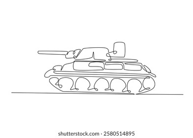 Military tank in continuous one line drawing. Single line art draw of army battle tank. Editable vector.