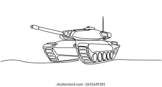 Military tank in continuous one line drawing. Single line art draw of army battle tank. Editable vector, Continuous one line drawing of military tank. One line drawing illustration of soldier vehicle.
