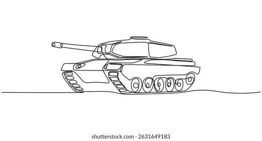 Military tank in continuous one line drawing. Single line art draw of army battle tank. Editable vector, Continuous one line drawing of military tank. One line drawing illustration of soldier vehicle.
