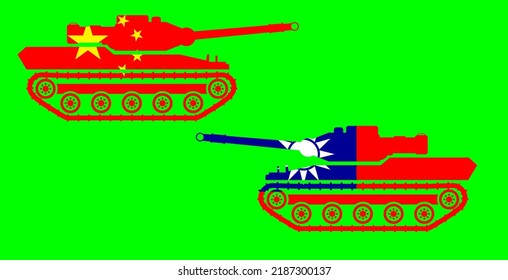 Military Tank Icon With Chinese Flag And Taiwan Flag Isolated On Green. War Concept. Conflicts Between Countries. Vector Illustration