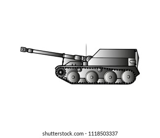 Military Tank Isolated On White. Armoured Fighting Vehicle Designed For Front-line Combat, With Heavy Firepower, Strong Armour, Tracks Providing Good Battlefield Manoeuvrability. Vector In Flat Style