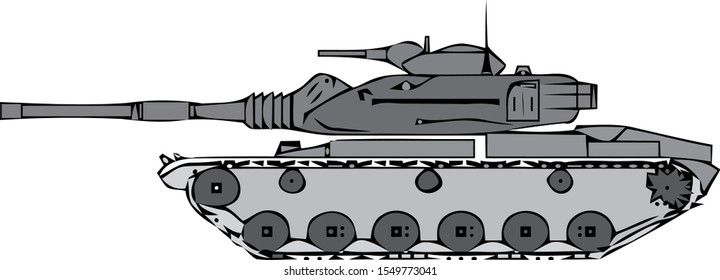 Military Tank Isolated On White. Armoured Fighting Vehicle Designed For Front-line Combat, With Heavy Firepower, Strong Armour, Tracks Providing Good Battlefield Manoeuvrability. Vector In Flat Style