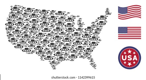 Military Tank Items Are Organized Into United States Map Abstraction. Vector Collage Of American Geographic Map Is Designed From Military Tank Elements.